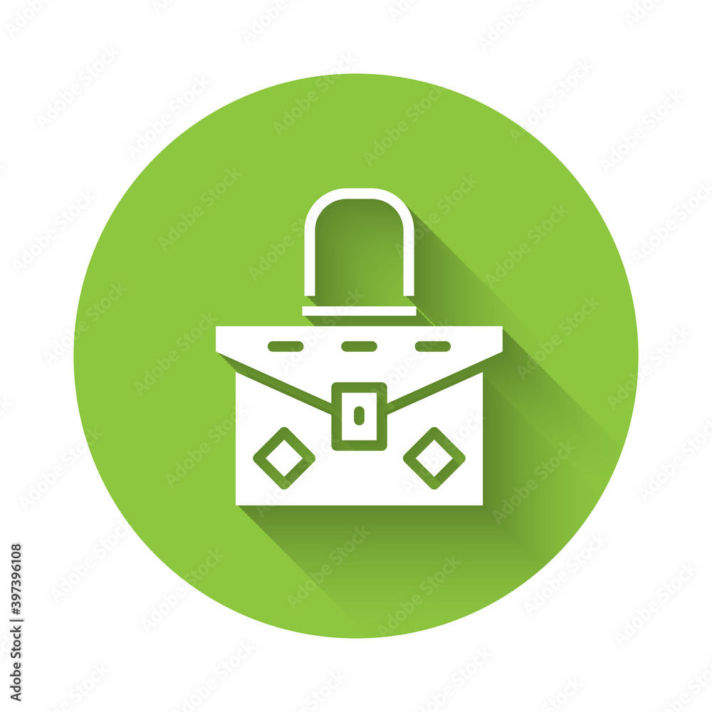 White Handbag icon isolated with long shadow. Female handbag sign. Glamour casual baggage symbol. Green circle button. Vector. White Handbag icon isolated with long shadow. Female handbag sign. Glamour casual baggage symbol. Green circle button. Vector.