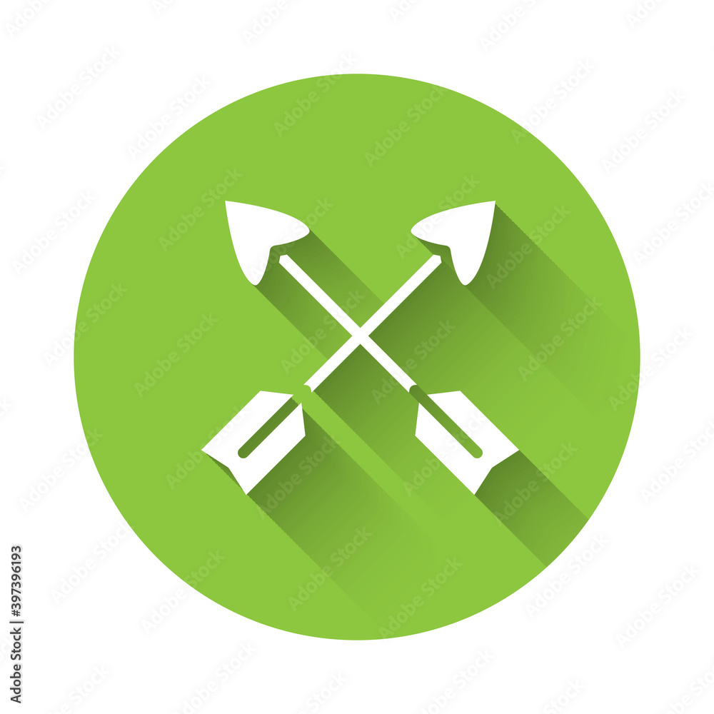 White Crossed arrows icon isolated with long shadow. Green circle button. Vector. White Crossed arrows icon isolated with long shadow. Green circle button. Vector.