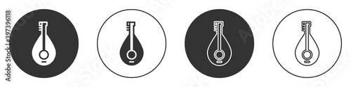 Black Traditional musical instrument mandolin icon isolated on white background. Circle button. Vector.