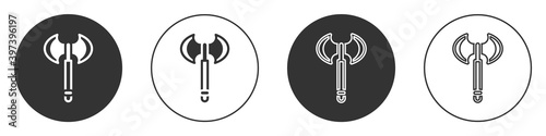 Black Medieval axe icon isolated on white background. Battle axe, executioner axe. Medieval weapon. Circle button. Vector.