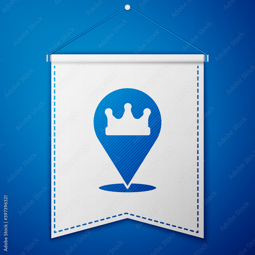 Blue Location king crown icon isolated on blue background. White pennant template. Vector. Blue Location king crown icon isolated on blue background. White pennant template. Vector.