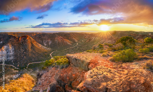 panorama view of sunrise over charles knife canyon, western australia