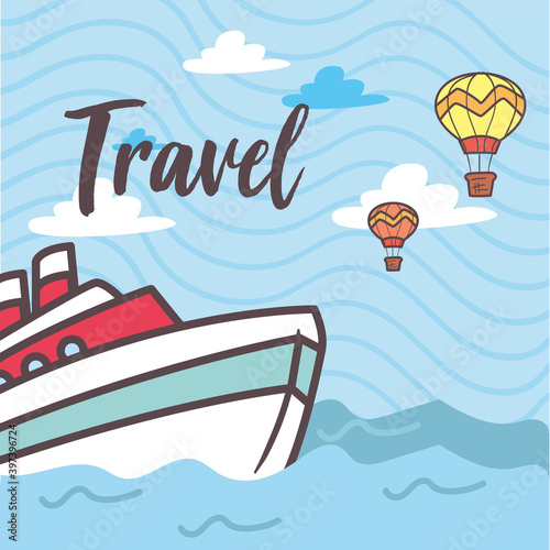 travel ship and hot air balloons vector design