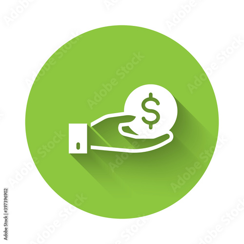 White Human hand giving money icon isolated with long shadow. Receiving money icon. Green circle button. Vector.