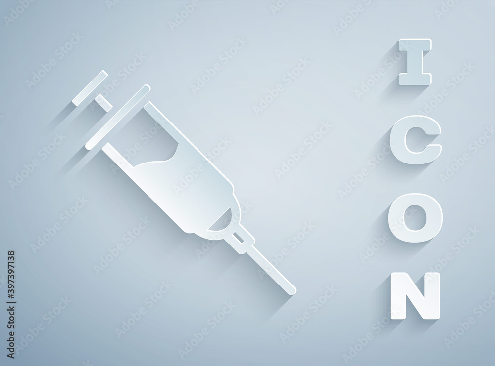 Paper cut Doping syringe icon isolated on grey background. Paper art style. Vector. Paper cut Doping syringe icon isolated on grey background. Paper art style. Vector.