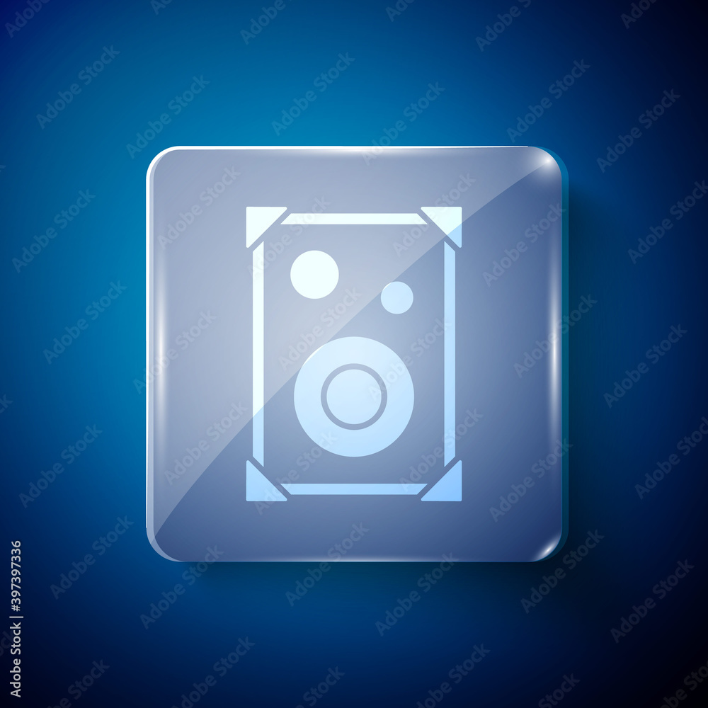 White Stereo speaker icon isolated on blue background. Sound system speakers. Music icon. Musical column speaker bass equipment. Square glass panels. Vector. White Stereo speaker icon isolated on blue background. Sound system speakers. Music icon. Musical column speaker bass equipment. Square glass panels. Vector.