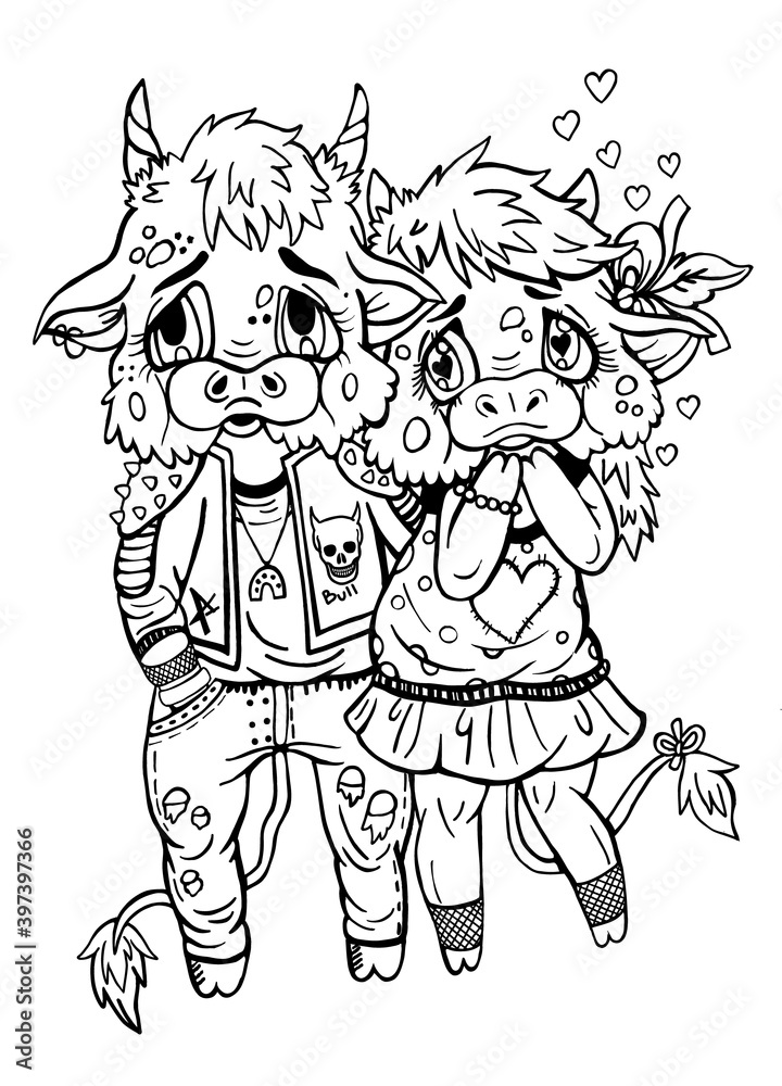 Isolated cartoon characters in full growth, little cute in love cow with big eyes and plump cheeks, in a dress with polka dots, and stylish small bull in a leather jacket with thorns and ripped jeans. Isolated cartoon characters in full growth, little cute in love cow with big eyes and plump cheeks, in a dress with polka dots, and stylish small bull in a leather jacket with thorns and ripped jeans.