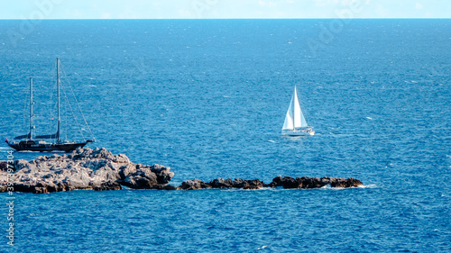 Sailing boats in the Adriatic Sea. Distant shot of the sailing boat in the Adriatic Sea shot in Dubrovnik