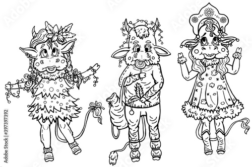 New year set of isolated cartoon characters, funny cows and bull with big ears and horns, with long tails and hooves, in celebration attire, with candy and bag, with garlands and christmas toys.