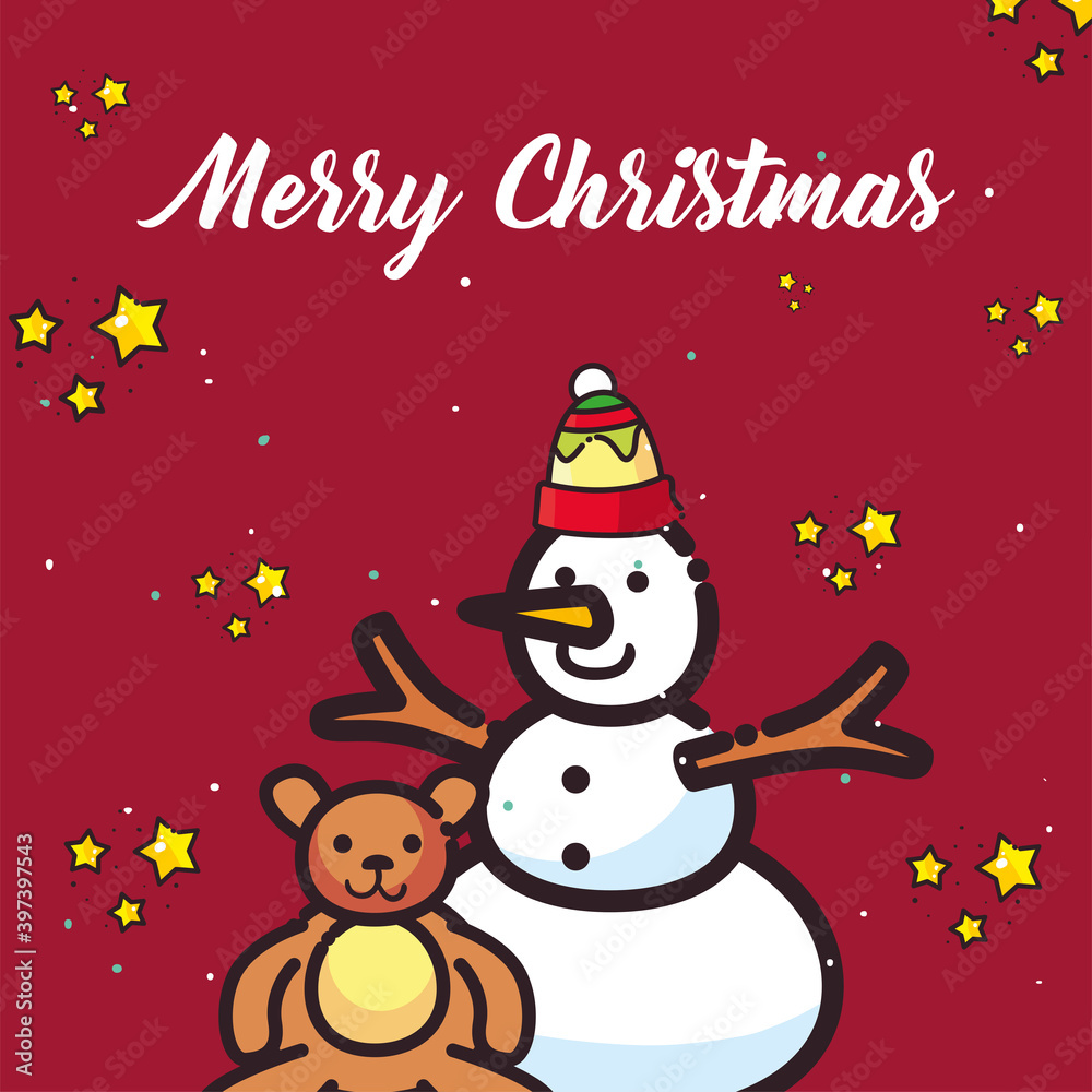 merry christmas snowman and teddy bear flat style icon vector design
