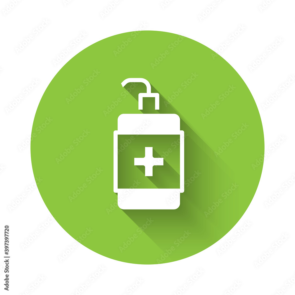 White Hand sanitizer bottle icon isolated with long shadow. Disinfection concept. Washing gel. Alcohol bottle for hygiene. Green circle button. Vector. White Hand sanitizer bottle icon isolated with long shadow. Disinfection concept. Washing gel. Alcohol bottle for hygiene. Green circle button. Vector.
