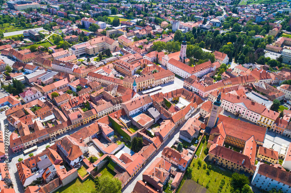 Historic town of Varazdin aerial view, baroque tourist destination