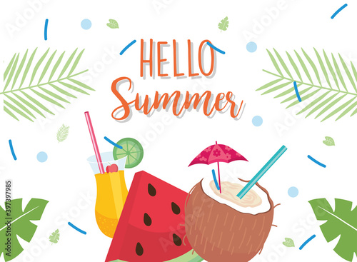 hello summer watermelon and coconut cocktail vector design