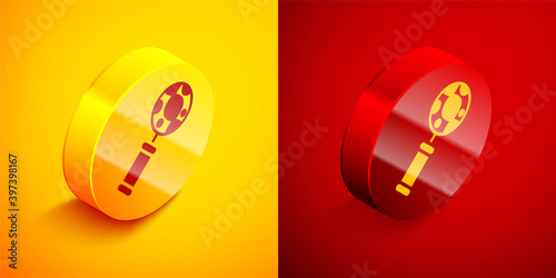 Isometric DNA research, search icon isolated on orange and red background. Magnifying glass and dna chain. Genetic engineering, cloning, paternity testing. Circle button. Vector.