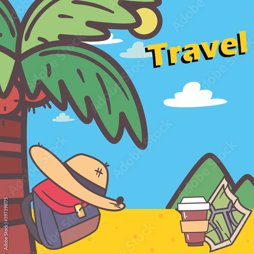 palm tree with travel bag with hat and map vector design