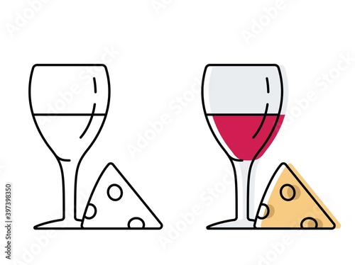 glass of wine and a piece of cheese. vector alcohol icons in flat style