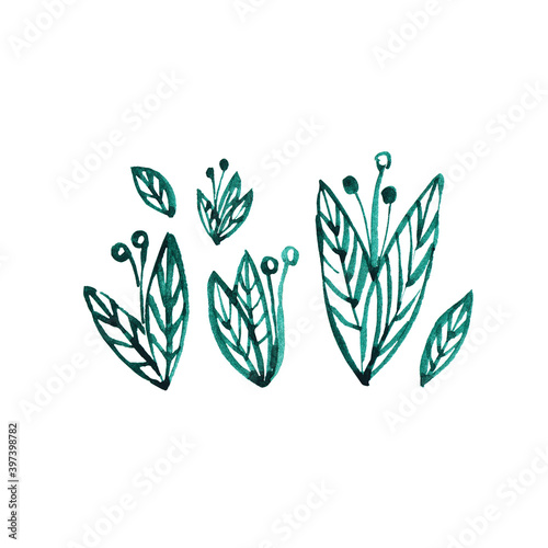 Watercolor emerald leaves and flowers. Idea for tesktile, napkins, packaging. Picture in high resolution 3000 * 3000 pixels