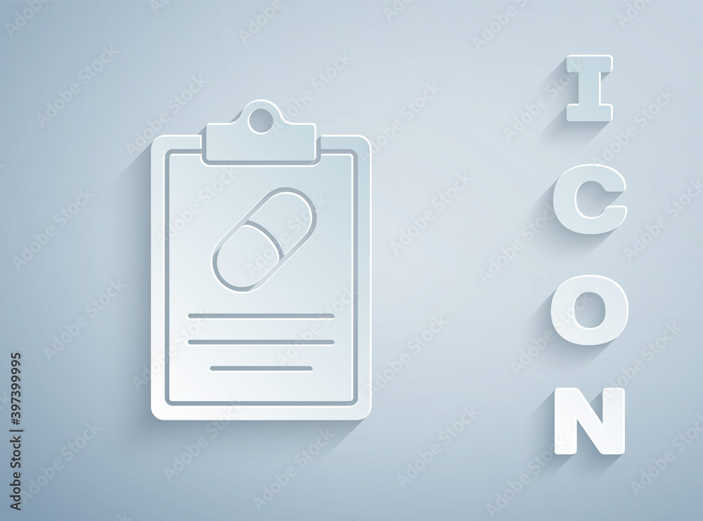 Paper cut Medical prescription icon isolated on grey background. Rx form. Recipe medical. Pharmacy or medicine symbol. Paper art style. Vector. Paper cut Medical prescription icon isolated on grey background. Rx form. Recipe medical. Pharmacy or medicine symbol. Paper art style. Vector.