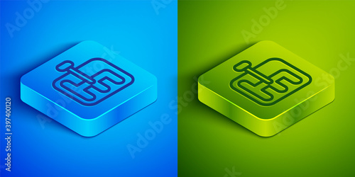 Isometric line Gear shifter icon isolated on blue and green background. Transmission icon. Square button. Vector Illustration.