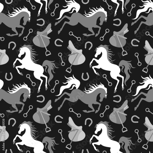 Grey and white horse, saddle and horseshoe silhouette seamless pattern. Vector illustration.