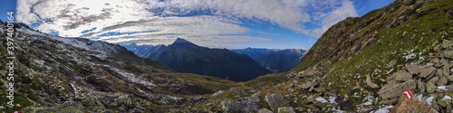 A panoramic view on vast valley with the view on Gro?glockner in Heiligenblut region in Austria. The valley has lush green color. There are high Alpine chains in the back. A bit of overcast