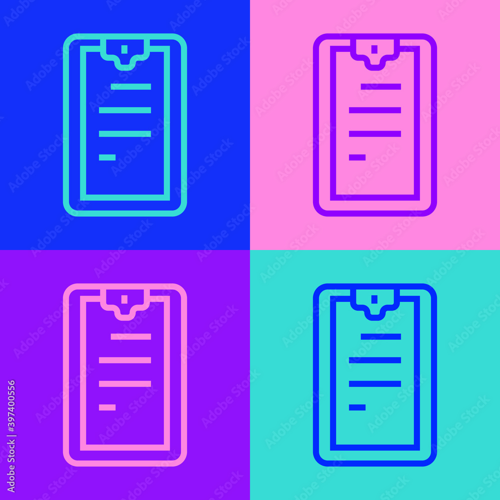 Pop art line Clipboard with checklist icon isolated on color background. Control list symbol. Survey poll or questionnaire feedback form. Vector. Pop art line Clipboard with checklist icon isolated on color background. Control list symbol. Survey poll or questionnaire feedback form. Vector.