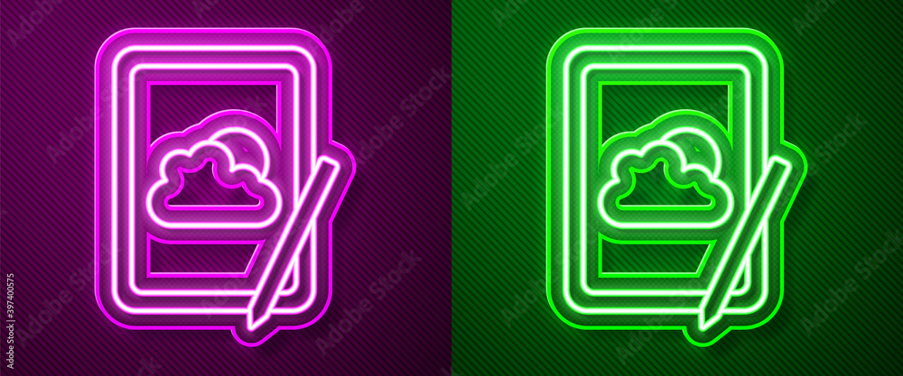 Glowing neon line Weather forecast icon isolated on purple and green background. Vector. Glowing neon line Weather forecast icon isolated on purple and green background. Vector.