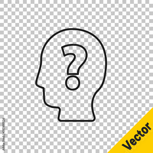 Black line Human head with question mark icon isolated on transparent background. Vector.