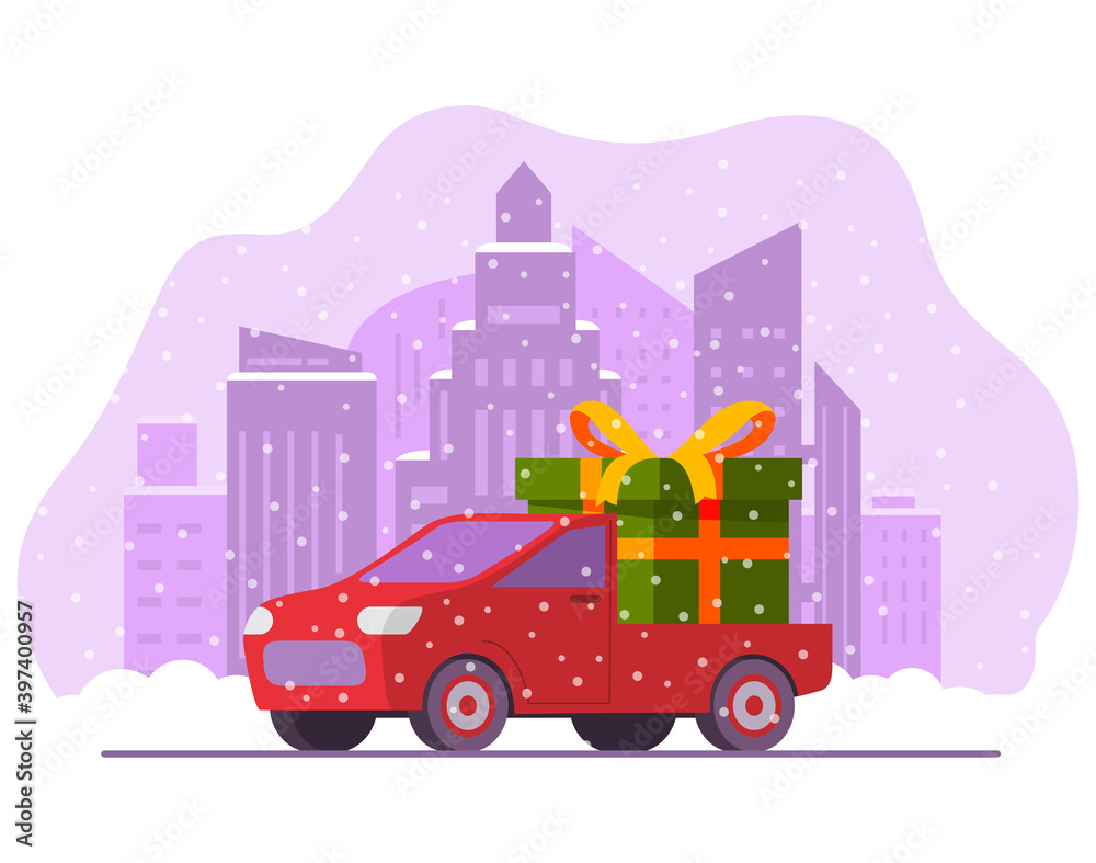 Christmas delivery red truck with green gift box.Happy New Year postcard.Festive Christmas banner.Vector flat illustration.Vehicle side view. Wintercity with falling snow.