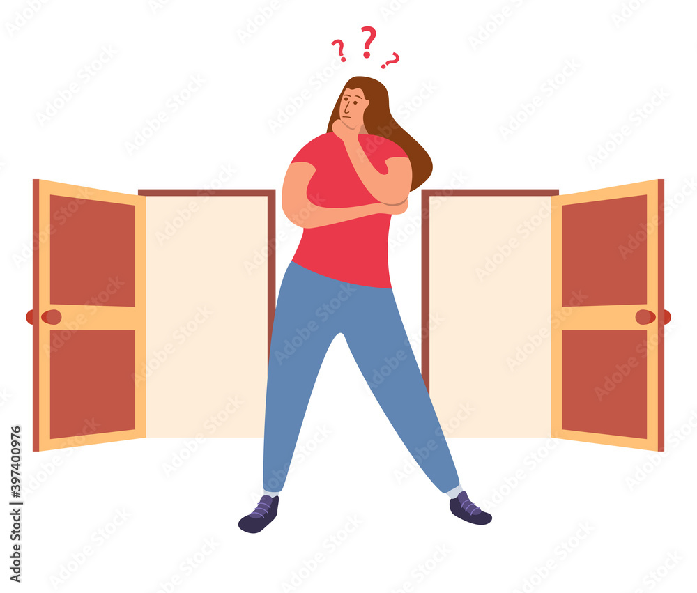 Two entrance choice. Girl question mark choosing between two doors.Woman standing choice of ways.Female choices concept.Vector flat.
