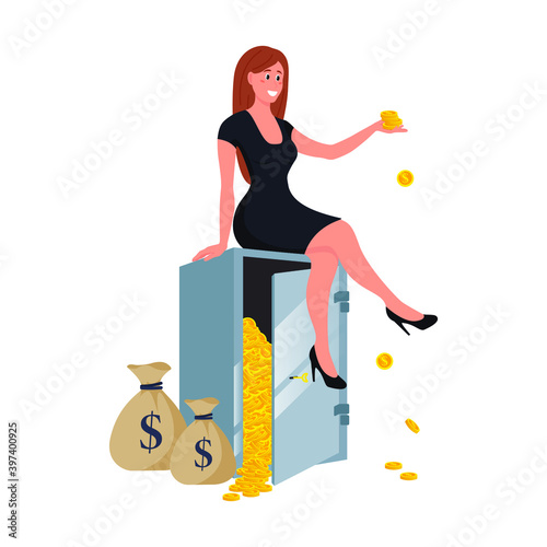 Melioneer girl sits on a safe with a pile of gold. Rich people. Wealthy woman and millionaire