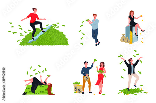 Happy Characters Man And Woman Millionaire. Financial success, lottery win, fortune, good luck concept. 