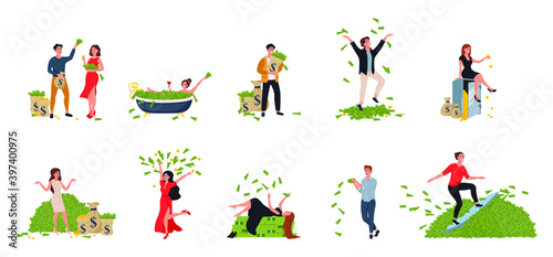 Rich people flat vector illustrations set. Financial success  lottery win  fortune  good luck concept. Millionaire or banker happy cartoon character with bundles of money  throwing and jumping.
