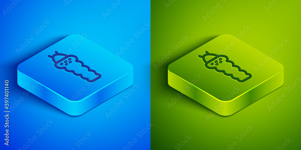 Isometric line Larva insect icon isolated on blue and green background. Square button. Vector. Isometric line Larva insect icon isolated on blue and green background. Square button. Vector.