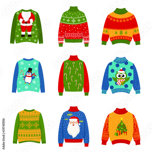 Vector ugly sweaters set for Christmas party. Christmas sweaters set, warm knitted jumper with cute ornaments