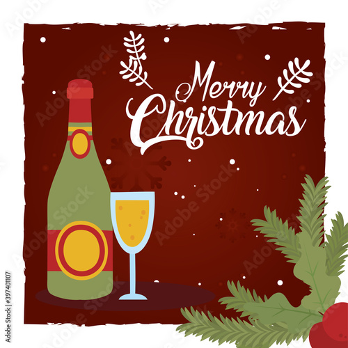 merry christmas champagne bottle and cup with leaves vector design