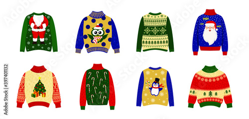 Christmas sweaters set, warm knitted jumper with cute ornaments. Sweaters with thematic Christmas images