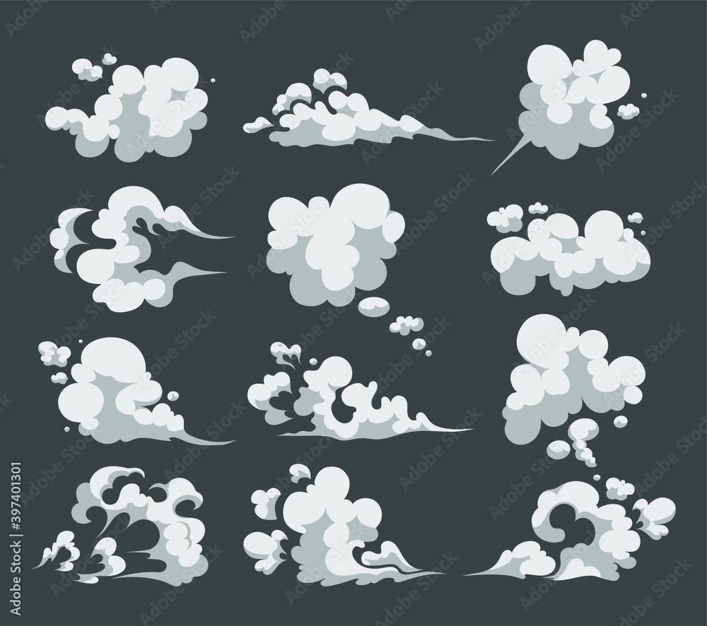 Cartoon smoke set. Smoking car motion clouds cooking smog smell. Steam smoke clouds of cigarettes or expired old food vector cooking cartoon icons.