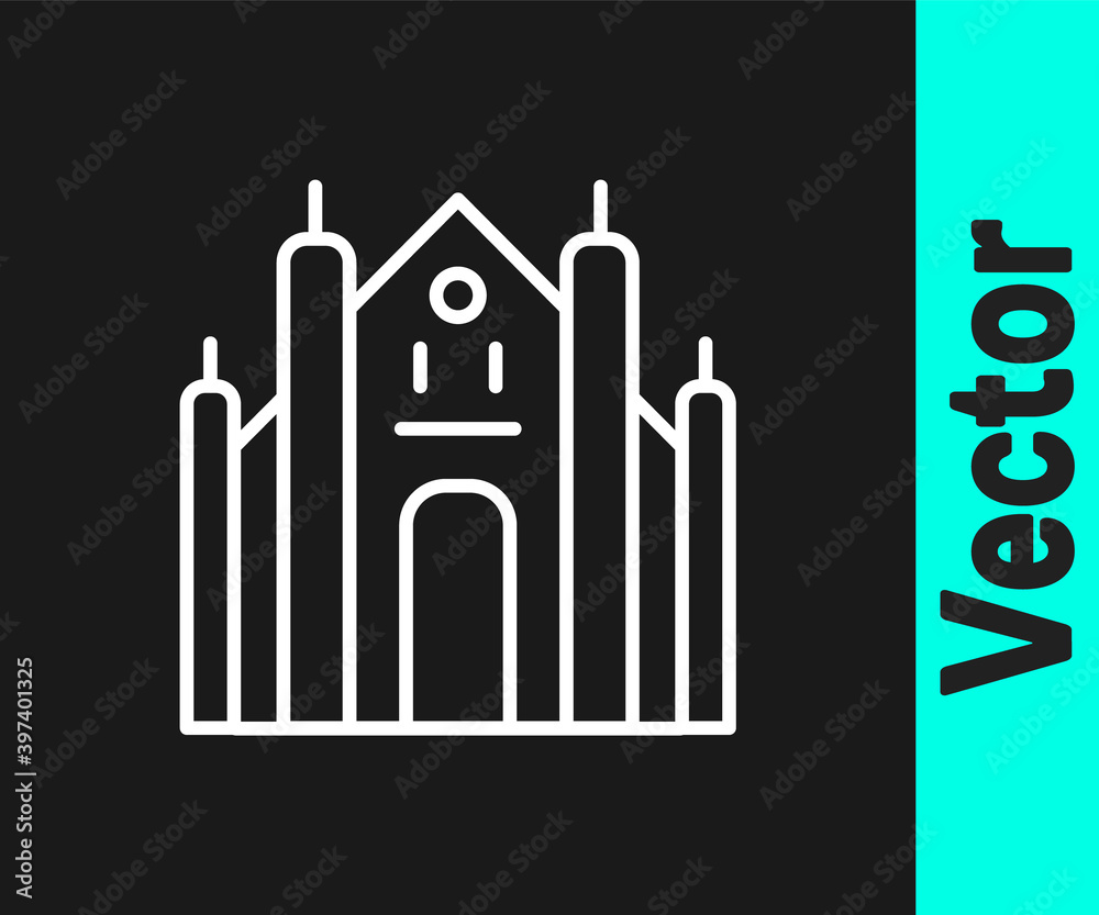 White line Milan Cathedral or Duomo di Milano icon isolated on black background. Famous landmark of Milan, Italy. Vector. White line Milan Cathedral or Duomo di Milano icon isolated on black background. Famous landmark of Milan, Italy. Vector.