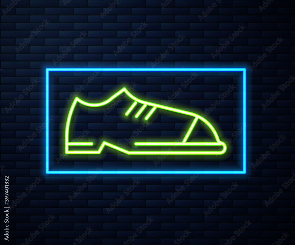 Glowing neon line Men shoes icon isolated on brick wall background. Vector.