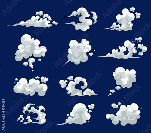 Cartoon smoke clouds. Comic smoke flows, dust, smog and smoke steaming cloud silhouettes.  Comic energy explosion. Bomb dynamites detonators. 