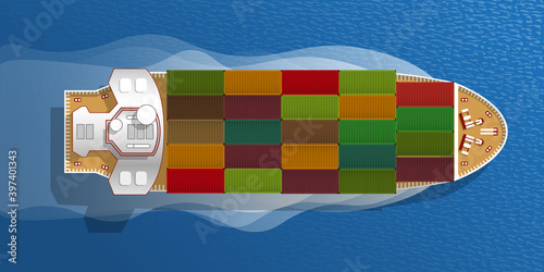 Cargo Ship. Top view. Sea transportation logistic. Merchant Marine. Sea Freight. Maritime shipping. Container ship. Cargo to harbor. View from above.
