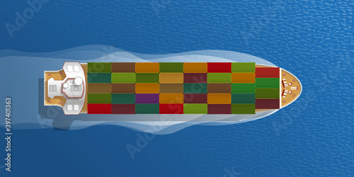 Cargo Ship. Top view. Sea transportation logistic. Merchant Marine. Sea Freight. Maritime shipping. Container ship. Cargo to harbor. View from above.
