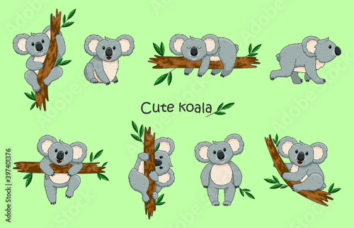 Cute grey koala bear sit on wood branch. Vector exotic cuddly characters set.  Design print for textiles, t-shirts, banner, background, nursery.