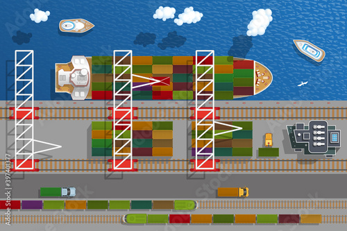 Cargo seaport with floating ships and boats. Top view. Ship and harbor, industry shipping transport, crane and dock. View from above.