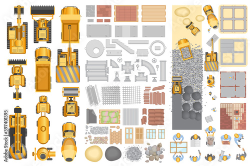 Construction. Top view. Construction machinery, building materials, buildings. View from above.Печать