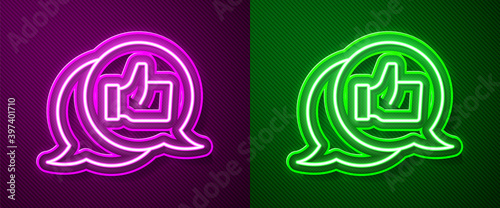 Glowing neon line Consumer or customer product rating icon isolated on purple and green background. Vector.