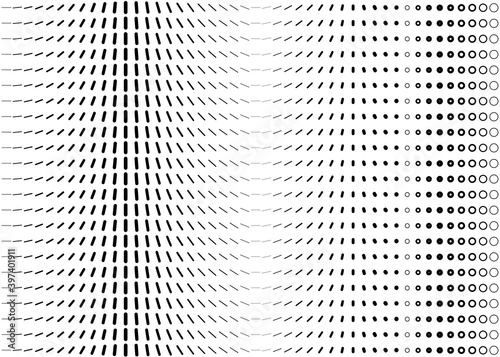 Abstract monochrome pattern. Dynamic black pattern with magnetic field optical illusion effect. Black dots and lines on white background.
