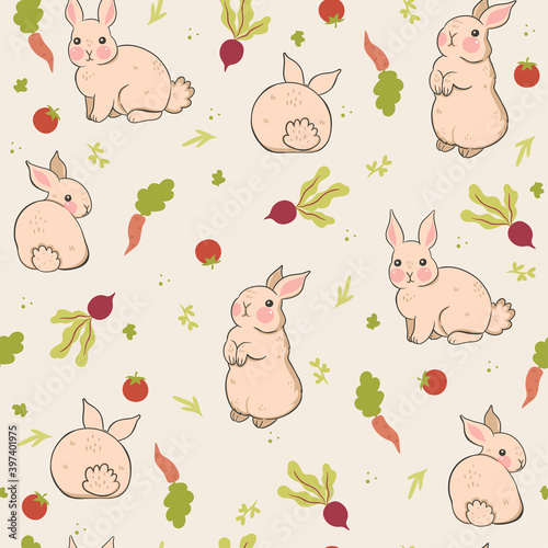 Seamless pattern with rabbits and vegetables. Vector graphics.