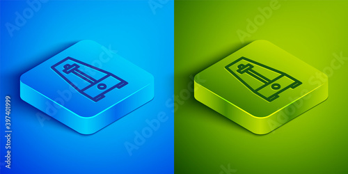 Isometric line Classic Metronome with pendulum in motion icon isolated on blue and green background. Equipment of music and beat mechanism. Square button. Vector.